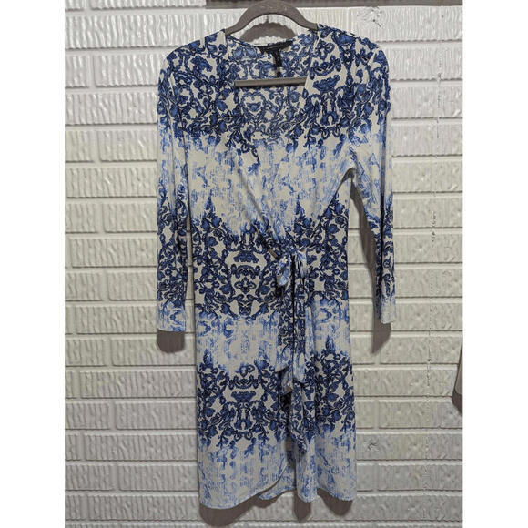 BCBGMaxazria Blue White Abstract Polyester Wrap Long Sleeve Dress Size M - Picture 1 of 8